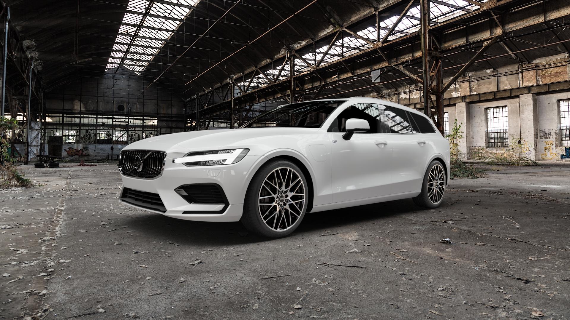CMS C25 Diamond Black Gloss Felge mit Reifen silber schwarz in 19Zoll Winterfelge Alufelge auf weissem Volvo V60 Typ Z ⬇️ mit 15mm Tieferlegung ⬇️ Old Industrial Hall_max5000mm_2022 Frontansicht_1