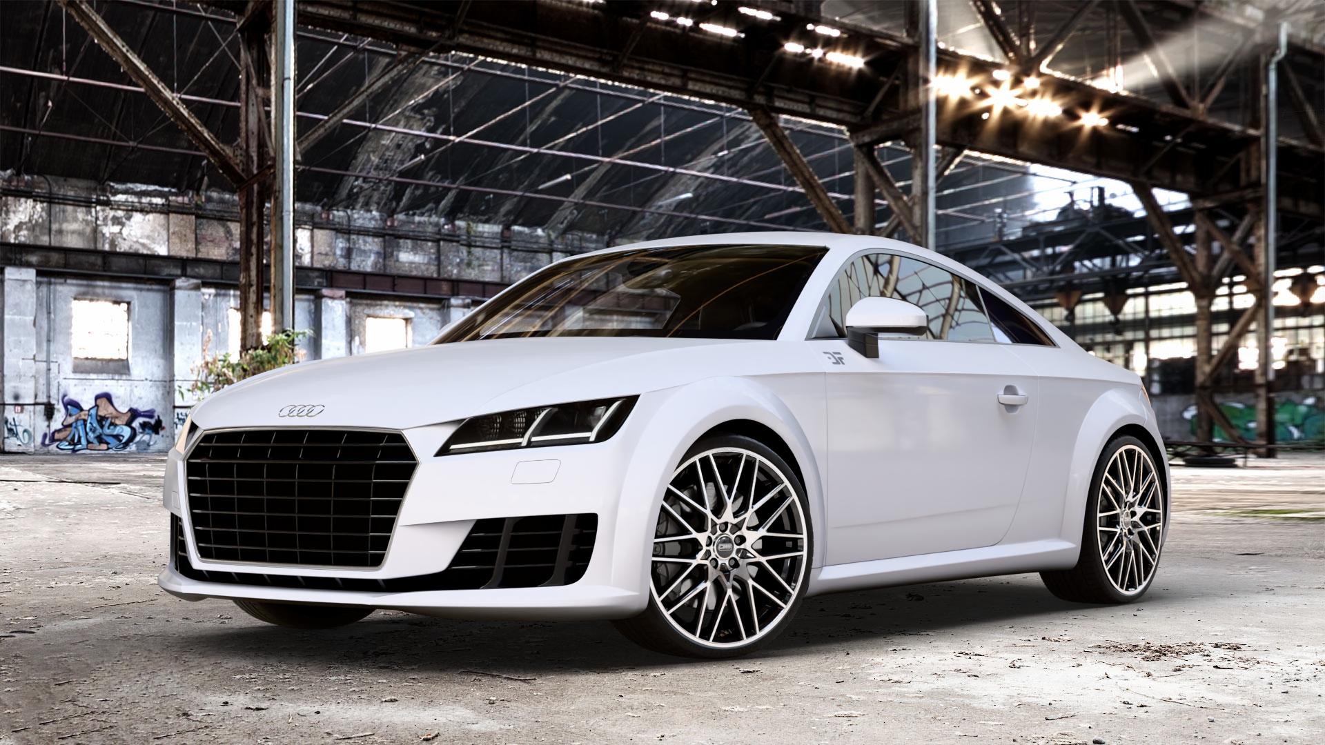 CMS C25 Diamond Black Gloss Felge mit Reifen silber schwarz in 20Zoll Winterfelge Alufelge auf weissem Audi TT III Typ 8S (Coupé) (Roadster) ⬇️ mit 15mm Tieferlegung ⬇️ Old Industrial Hall_max_4400mm_2024 Frontansicht_1
