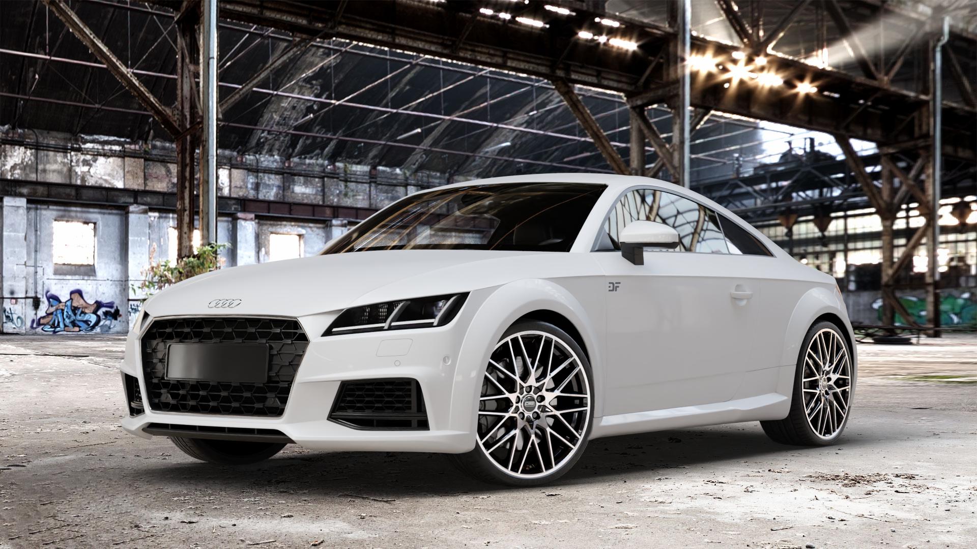 CMS C25 Diamond Black Gloss Felge mit Reifen silber schwarz in 20Zoll Winterfelge Alufelge auf weissem Audi TT III Typ 8S Facelift (Coupé) (Roadster) ⬇️ mit 15mm Tieferlegung ⬇️ Old Industrial Hall_max_4400mm_2024 Frontansicht_1
