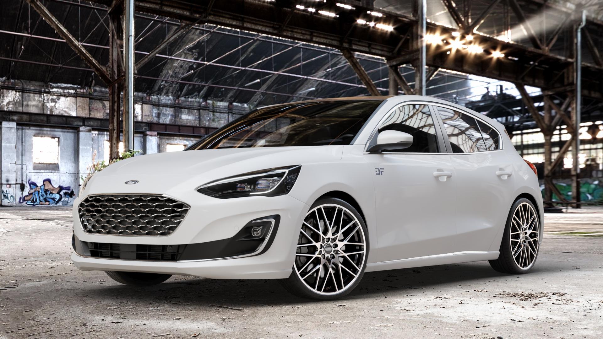 CMS C25 Diamond Black Gloss Felge mit Reifen silber schwarz in 20Zoll Winterfelge Alufelge auf weissem Ford Focus IV Typ DEH (Schrägheck) ⬇️ mit 15mm Tieferlegung ⬇️ Old Industrial Hall_max_4400mm_2024 Frontansicht_1