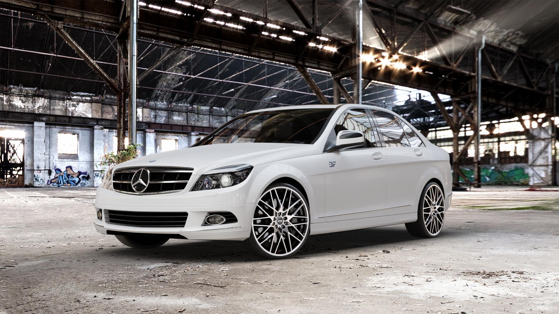 CMS C25 Diamond Black Gloss Felge mit Reifen silber schwarz in 20Zoll Winterfelge Alufelge auf weissem Mercedes C-Klasse Typ W204 Limousine ⬇️ mit 15mm Tieferlegung ⬇️ Old Industrial Hall_max_5300mm_2024 Frontansicht_1