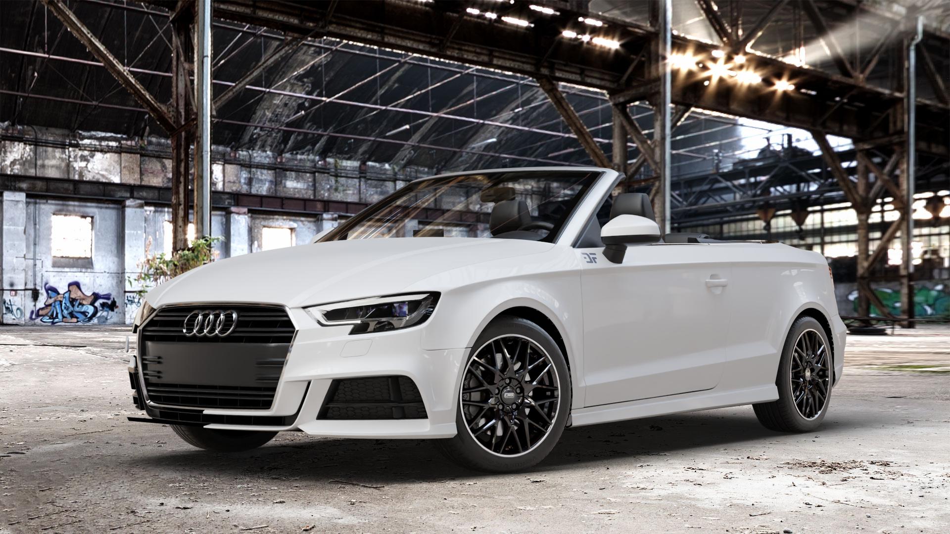 CMS C25 Diamond Rim Black Felge mit Reifen grau schwarz in 17Zoll Winterfelge Alufelge auf weissem Audi A3 Typ 8V (Cabriolet) Facelift ⬇️ mit 15mm Tieferlegung ⬇️ Old Industrial Hall_max_4400mm_2024 Frontansicht_1
