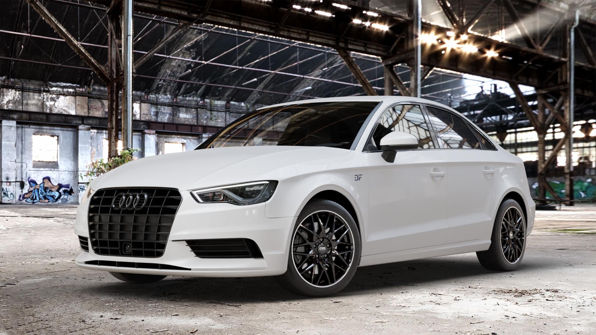 CMS C25 Diamond Rim Black Felge mit Reifen grau schwarz in 17Zoll Winterfelge Alufelge auf weissem Audi A3 Typ 8V (Limousine) ⬇️ mit 15mm Tieferlegung ⬇️ Old Industrial Hall_max_4400mm_2024 Frontansicht_1