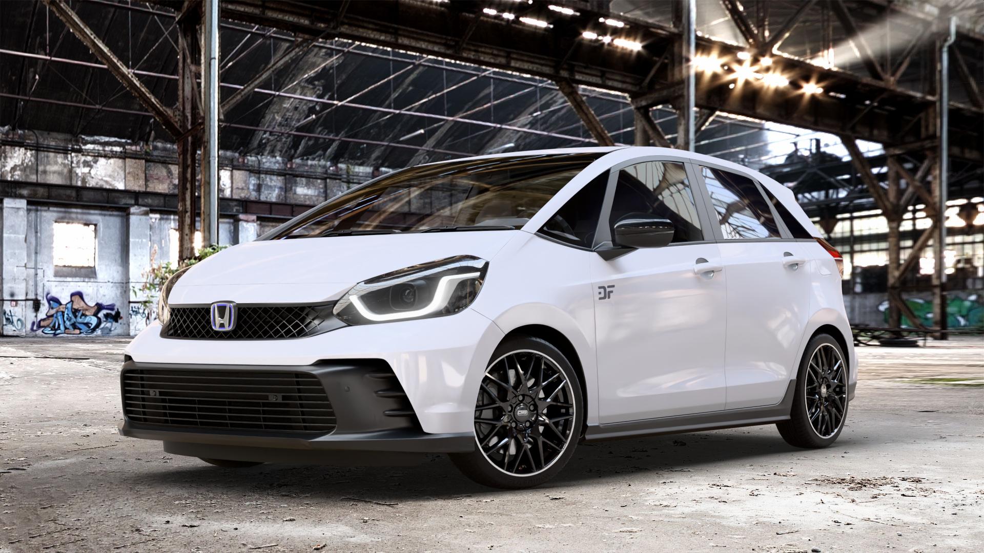 CMS C25 Diamond Rim Black Felge mit Reifen grau schwarz in 17Zoll Winterfelge Alufelge auf weissem Honda Jazz V (GR) Facelift 1,5l e:HEV 79kW Mild-Hybrid (107 PS) ⬇️ mit 15mm Tieferlegung ⬇️ Old Industrial Hall_max_4400mm_2024 Frontansicht_1