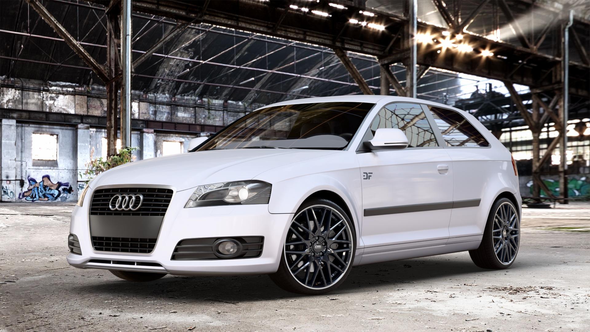CMS C25 Diamond Rim Black Felge mit Reifen grau schwarz in 19Zoll Winterfelge Alufelge auf weißem Audi A3 Typ 8P ⬇️ mit 15mm Tieferlegung ⬇️ Old Industrial Hall_max_4400mm_2024 Frontansicht_1