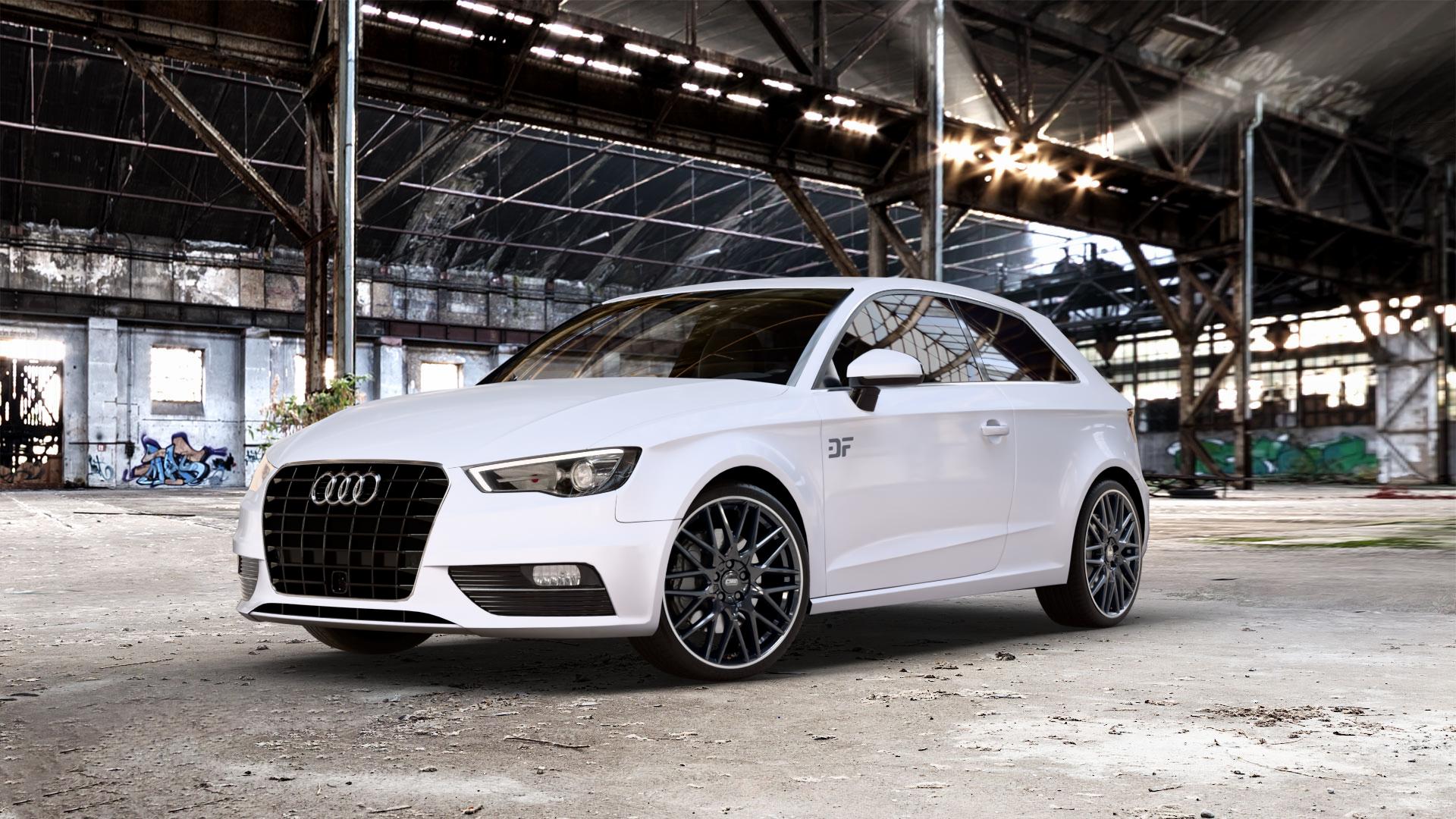 CMS C25 Diamond Rim Black Felge mit Reifen grau schwarz in 19Zoll Winterfelge Alufelge auf weissem Audi A3 Typ 8V ⬇️ mit 15mm Tieferlegung ⬇️ Old Industrial Hall_max_5300mm_2024 Frontansicht_1