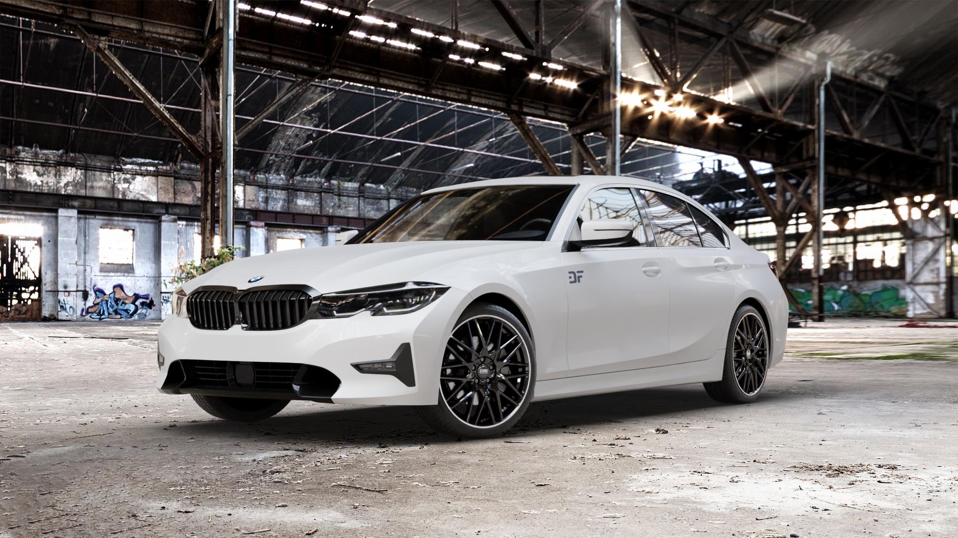 CMS C25 Diamond Rim Black Felge mit Reifen grau schwarz in 19Zoll Winterfelge Alufelge auf weissem BMW 3er G20 Limousine (G3L) ⬇️ mit 15mm Tieferlegung ⬇️ Old Industrial Hall_max_5300mm_2024 Frontansicht_1