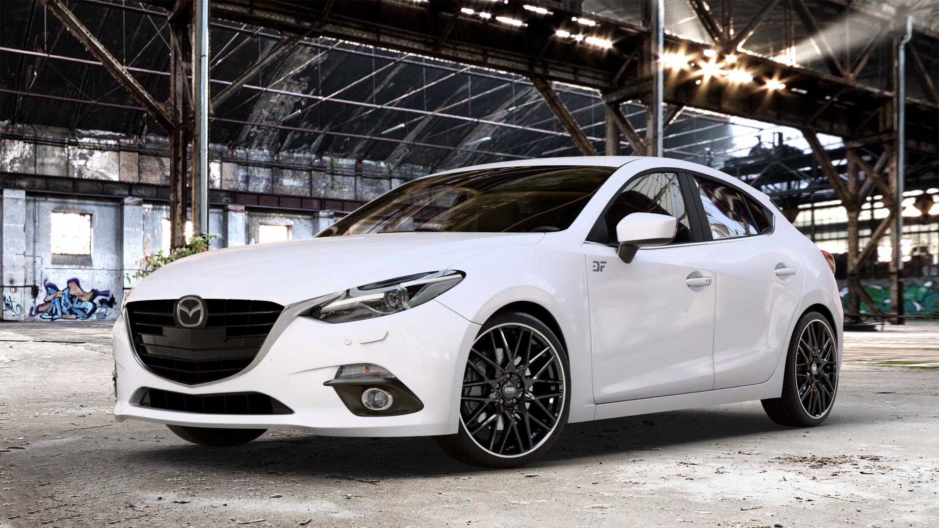 CMS C25 Diamond Rim Black Felge mit Reifen grau schwarz in 19Zoll Winterfelge Alufelge auf weissem Mazda 3 (13-) Stufenheck (BM) Sport (17-) Facelift Fließheck ⬇️ mit 15mm Tieferlegung ⬇️ Old Industrial Hall_max_4400mm_2024 Frontansicht_1
