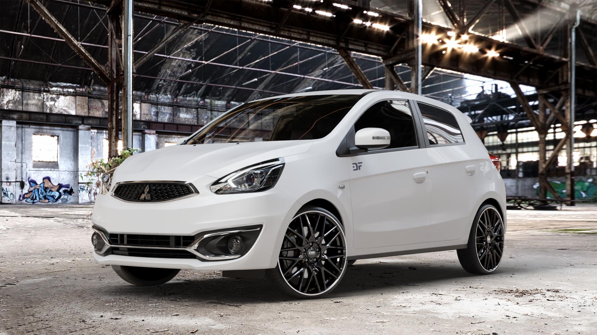 CMS C25 Diamond Rim Black Felge mit Reifen grau schwarz in 19Zoll Winterfelge Alufelge auf weissem Mitsubishi Space Star II Typ A00 Facelift ⬇️ mit 15mm Tieferlegung ⬇️ Old Industrial Hall_max_4400mm_2024 Frontansicht_1