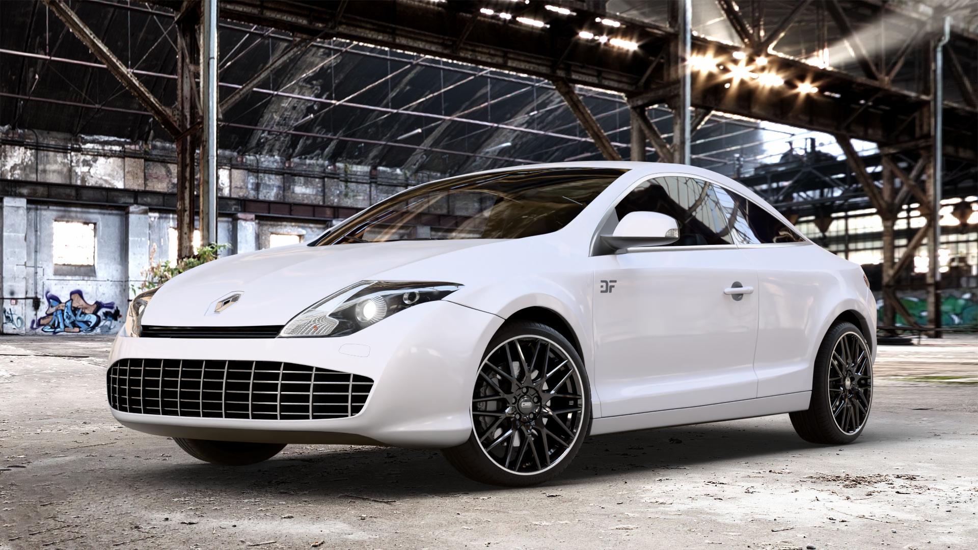 CMS C25 Diamond Rim Black Felge mit Reifen grau schwarz in 19Zoll Winterfelge Alufelge auf weissem Renault Laguna III Coupé Typ T ⬇️ mit 15mm Tieferlegung ⬇️ Old Industrial Hall_max_4400mm_2024 Frontansicht_1