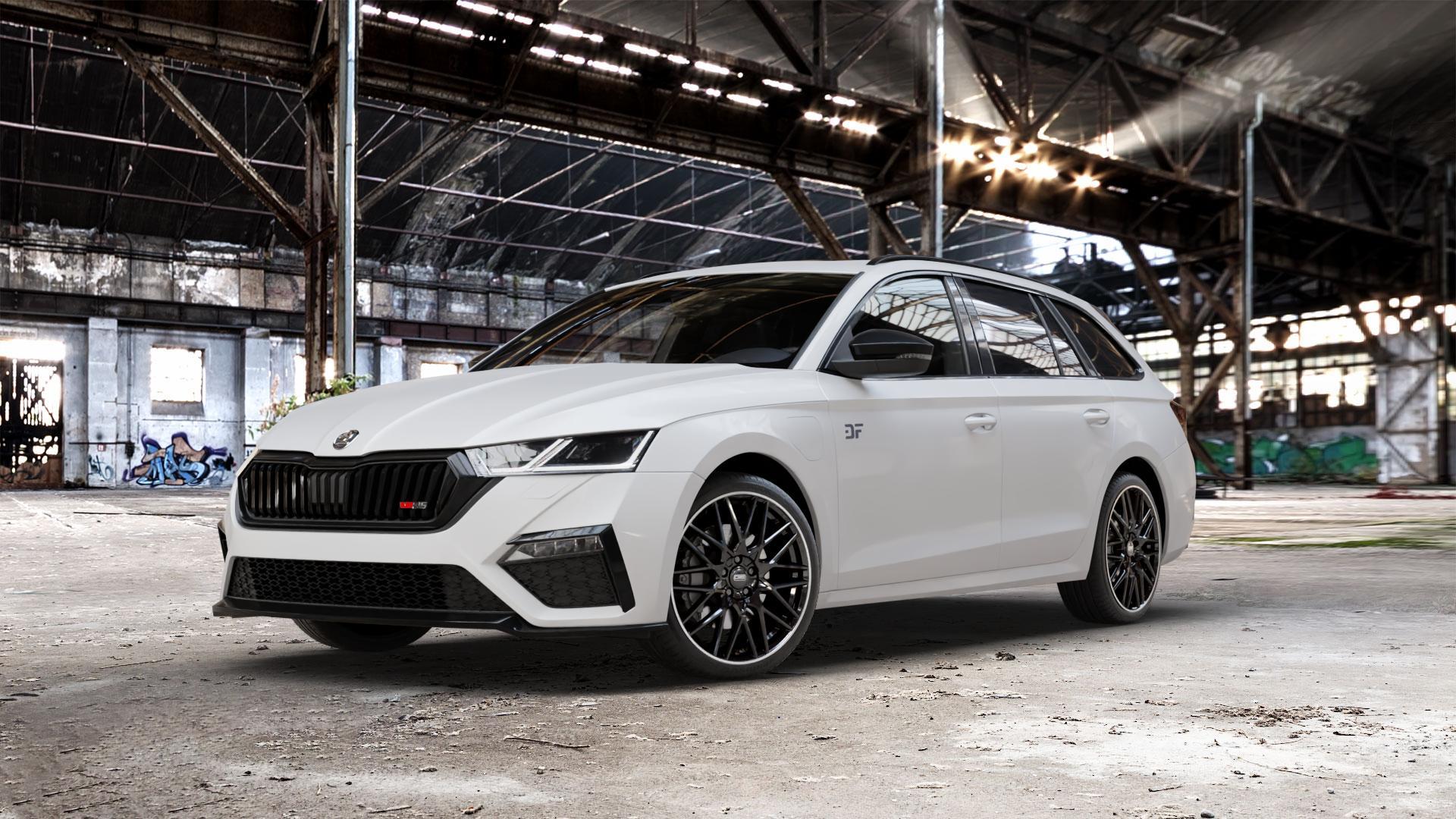 CMS C25 Diamond Rim Black Felge mit Reifen grau schwarz in 19Zoll Winterfelge Alufelge auf weissem Skoda Octavia IV Kombi Typ NX 2,0l TDI 4x4 147kW (200 PS) 1,4l TSI 110kW Hybrid RS (150 180kW (245 ⬇️ mit 15mm Tieferlegung ⬇️ Old Industrial Hall_max_5300mm_2024 Frontansicht_1