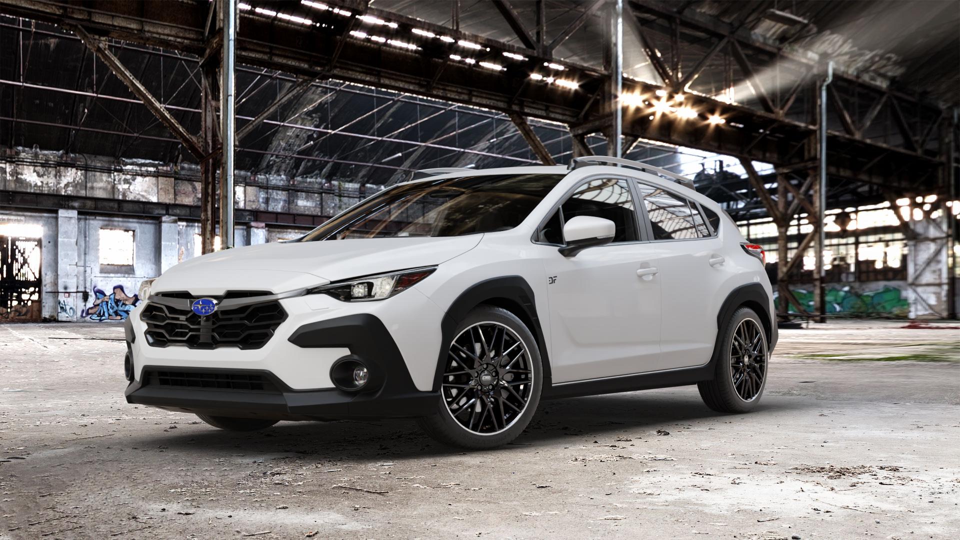 CMS C25 Diamond Rim Black Felge mit Reifen grau schwarz in 19Zoll Winterfelge Alufelge auf weissem Subaru Crosstrek Typ G6-SS 2,0l 100kW Mild-Hybrid AWD (136 PS) ⬇️ mit 15mm Tieferlegung ⬇️ Old Industrial Hall_max_5300mm_2024 Frontansicht_1