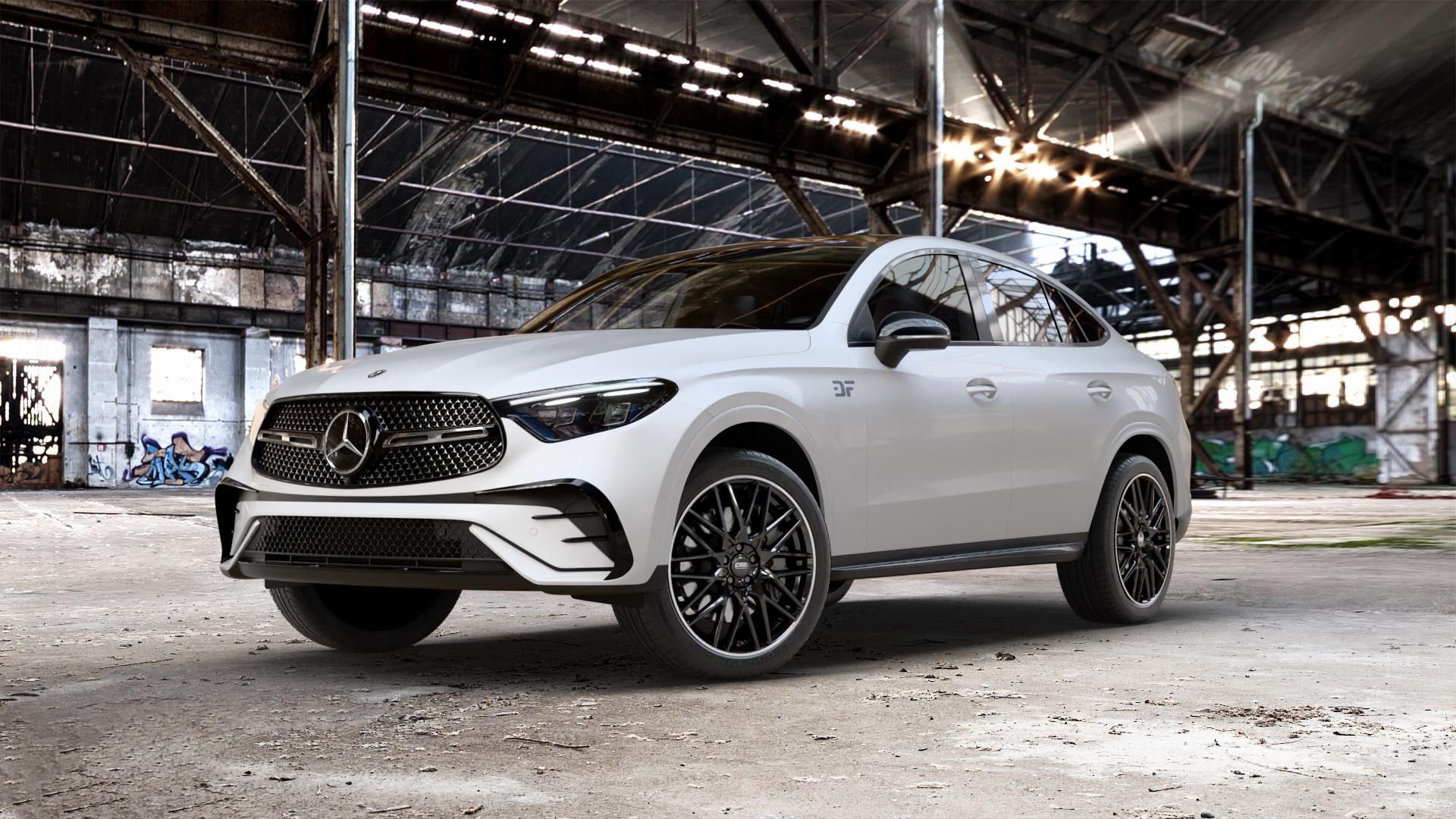 CMS C25 Diamond Rim Black Felge mit Reifen grau schwarz in 20Zoll Winterfelge Alufelge auf weissem Mercedes GLC-Klasse Coupe Typ C254 ⬇️ mit 15mm Tieferlegung ⬇️ Old Industrial Hall_max_5300mm_2024 Frontansicht_1