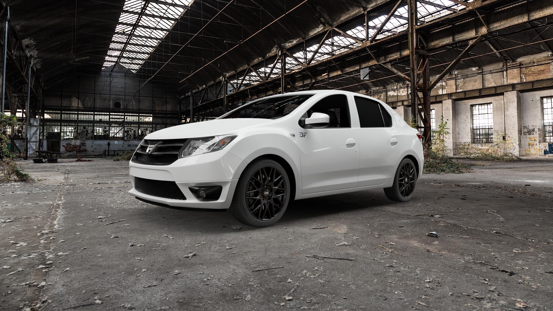 CMS C25 Matt Black Felge mit Reifen schwarz in 17Zoll Winterfelge Alufelge auf weissem Dacia Logan II Typ SD ⬇️ mit 15mm Tieferlegung ⬇️ Old Industrial Hall_max5000mm_2022 Frontansicht_1