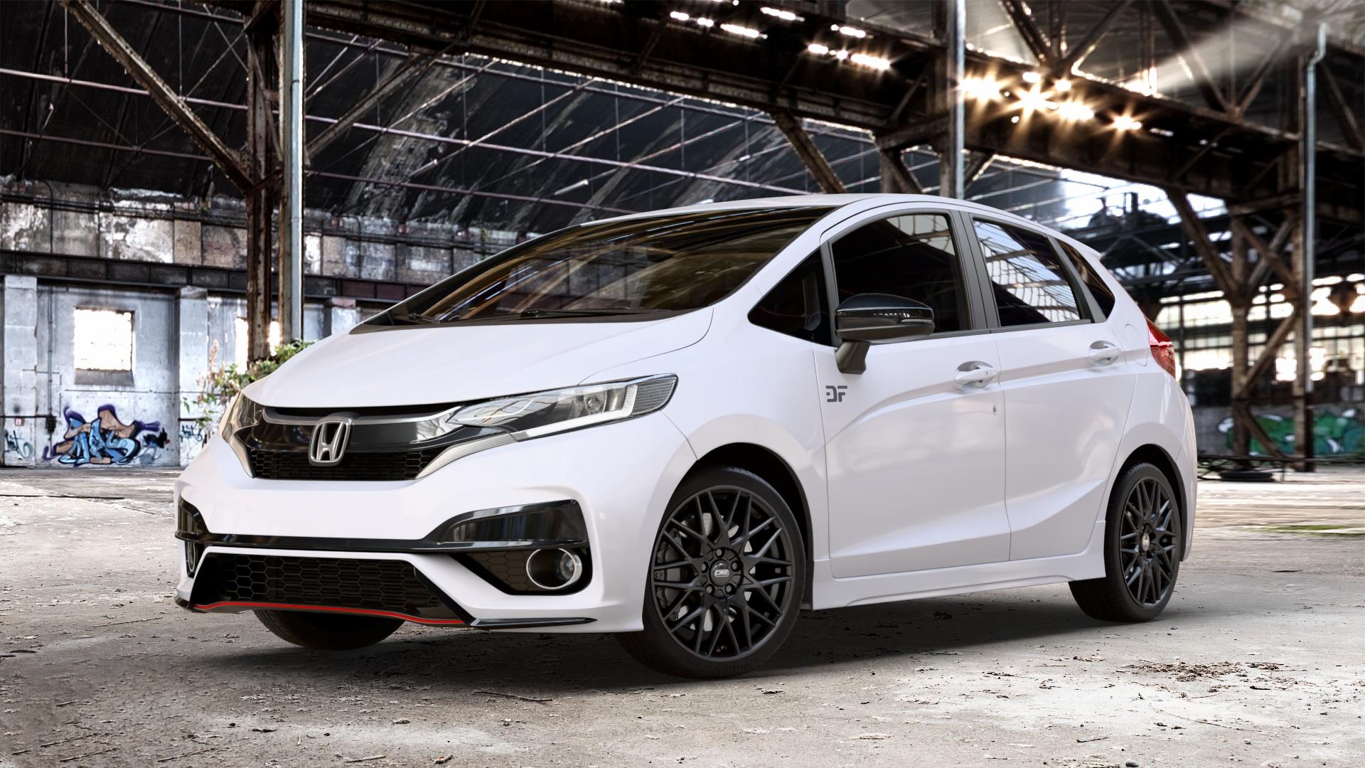 CMS C25 Matt Black Felge mit Reifen schwarz in 17Zoll Winterfelge Alufelge auf weissem Honda Jazz IV (GK) Facelift ⬇️ mit 15mm Tieferlegung ⬇️ Old Industrial Hall_max_4400mm_2024 Frontansicht_1