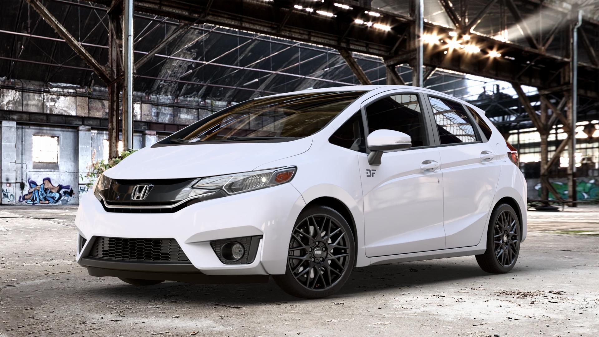 CMS C25 Matt Black Felge mit Reifen schwarz in 17Zoll Winterfelge Alufelge auf weissem Honda Jazz IV (GK) ⬇️ mit 15mm Tieferlegung ⬇️ Old Industrial Hall_max_4400mm_2024 Frontansicht_1