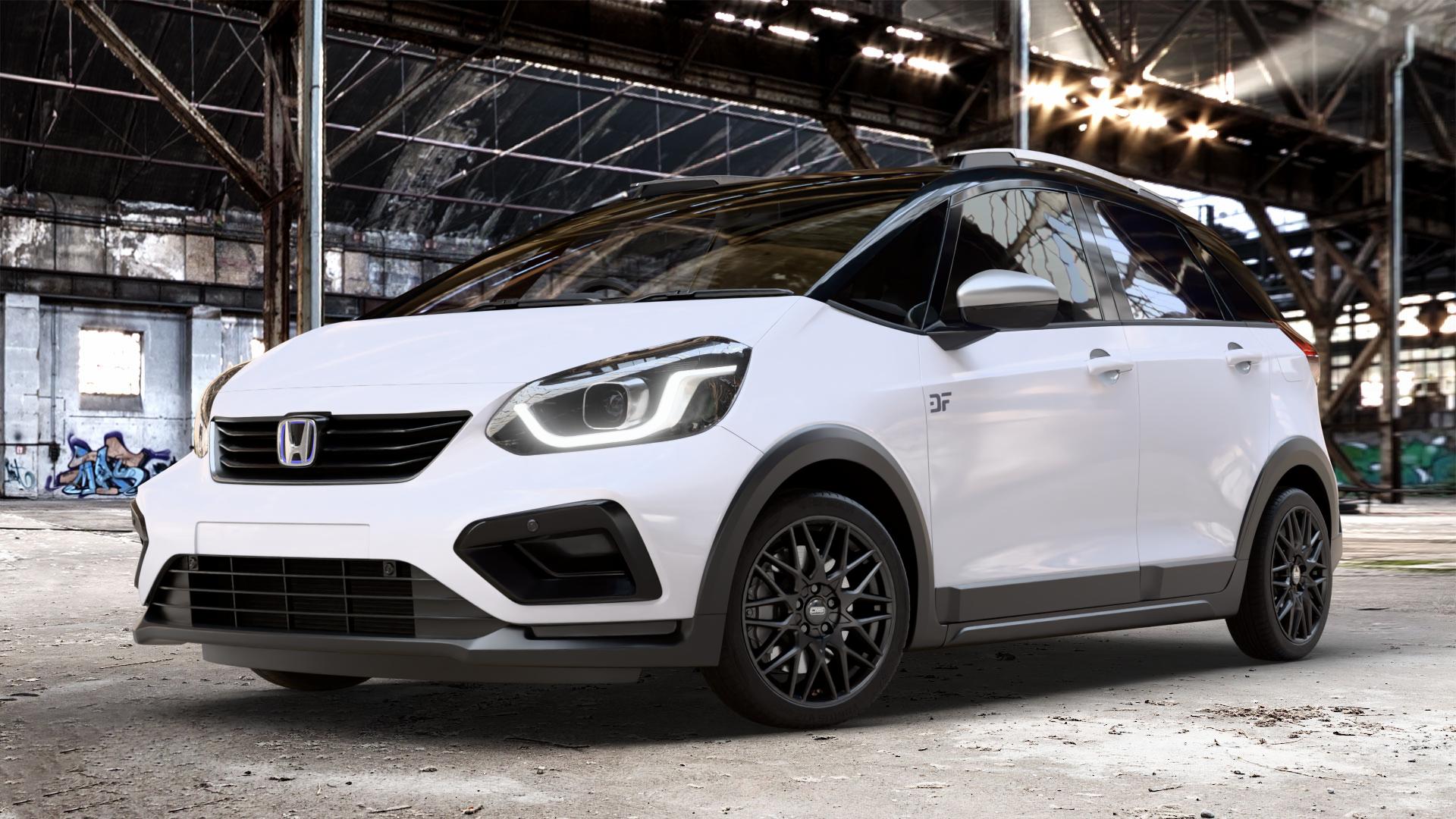 CMS C25 Matt Black Felge mit Reifen schwarz in 17Zoll Winterfelge Alufelge auf weissem Honda Jazz V Crosstar (GR) Facelift ⬇️ mit 15mm Tieferlegung ⬇️ Old Industrial Hall_max_4400mm_2024 Frontansicht_1