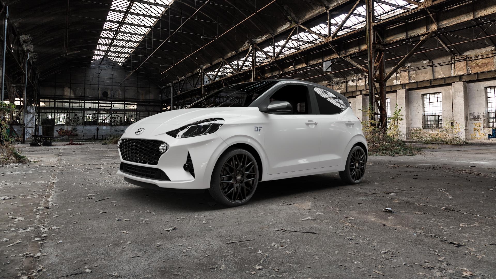 CMS C25 Matt Black Felge mit Reifen schwarz in 17Zoll Winterfelge Alufelge auf weissem Hyundai i10 Typ AC3 ⬇️ mit 15mm Tieferlegung ⬇️ Old Industrial Hall_max5000mm_2022 Frontansicht_1