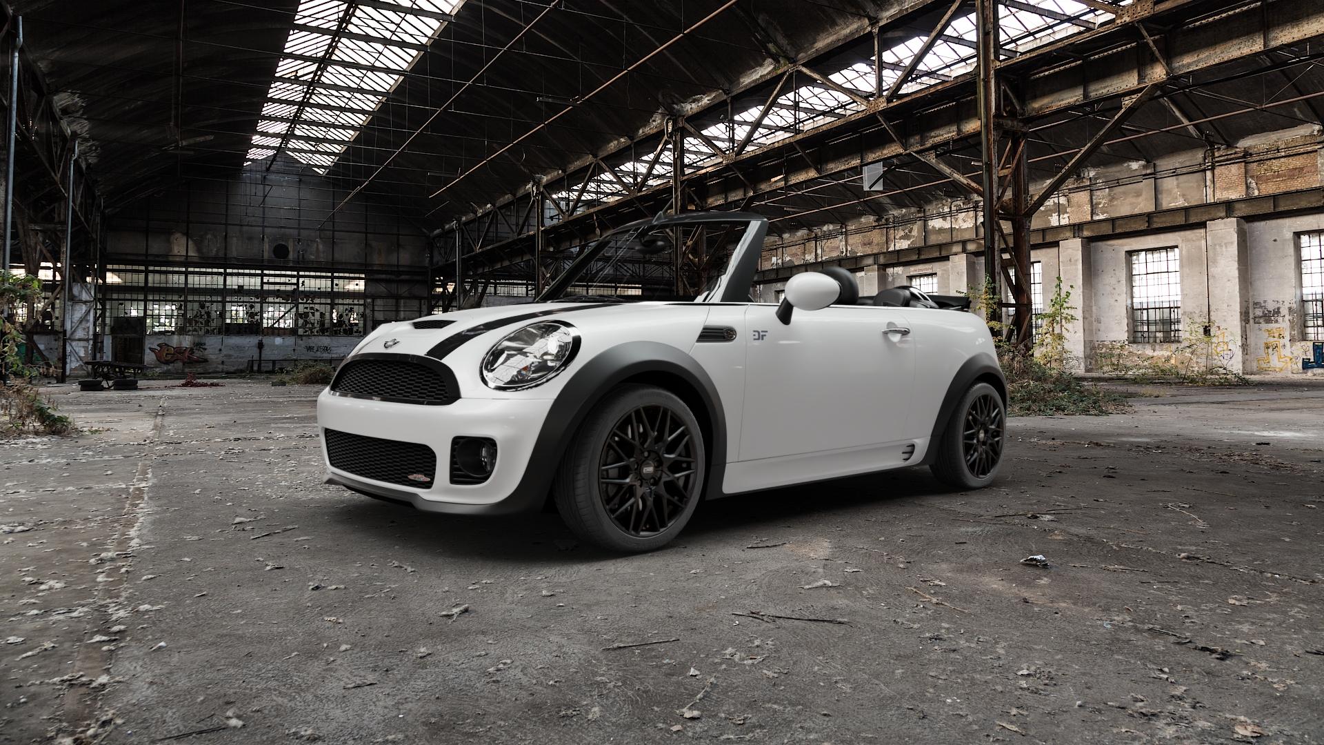 CMS C25 Matt Black Felge mit Reifen schwarz in 17Zoll Winterfelge Alufelge auf weissem Mini R57 Typ UKL-C (Cabriolet) 1,6l JCW 155kW (211 PS) MINI-N ⬇️ mit 15mm Tieferlegung ⬇️ Old Industrial Hall_max5000mm_2022 Frontansicht_1