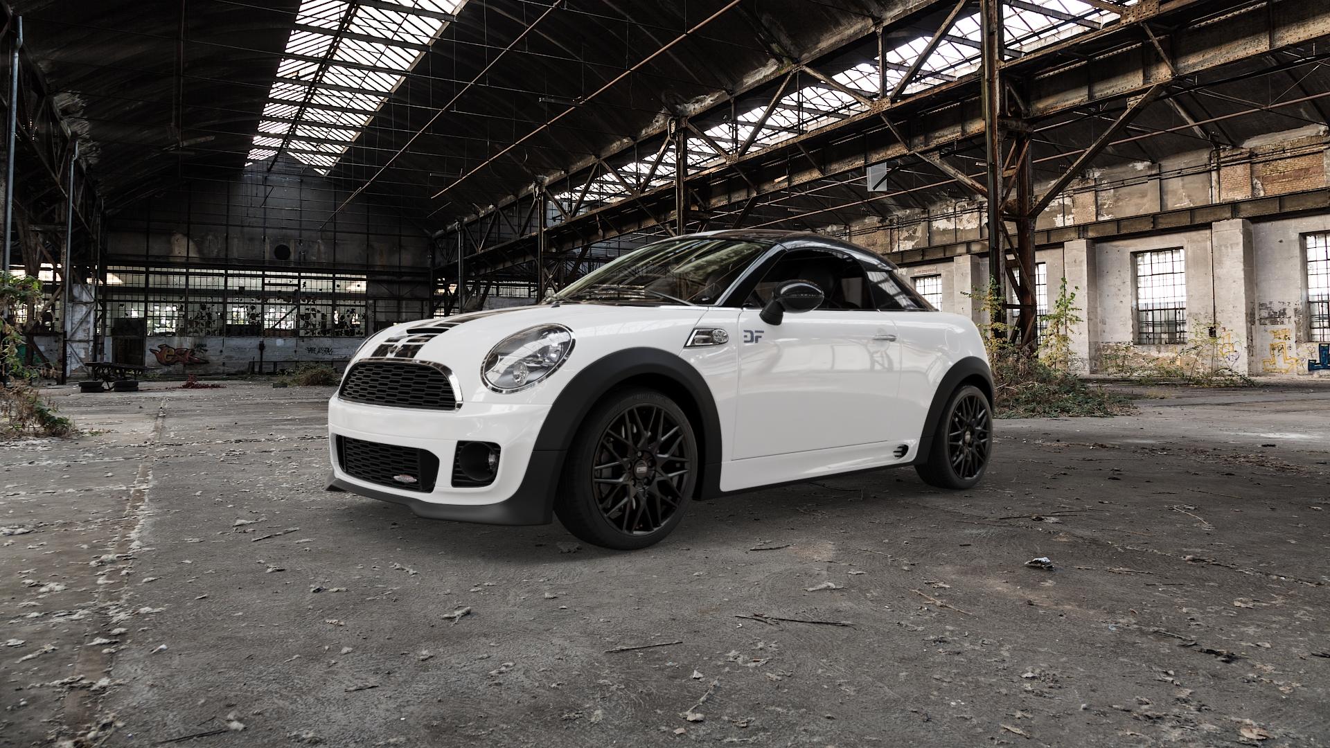 CMS C25 Matt Black Felge mit Reifen schwarz in 17Zoll Winterfelge Alufelge auf weissem Mini R58 Typ UKL-C (Coupe) 1,6l Cooper 90kW (122 PS) S 135kW (184 2,0l SD 105kW (143 JCW 155kW (211 ⬇️ mit 15mm Tieferlegung ⬇️ Old Industrial Hall_max5000mm_2022 Frontansicht_1