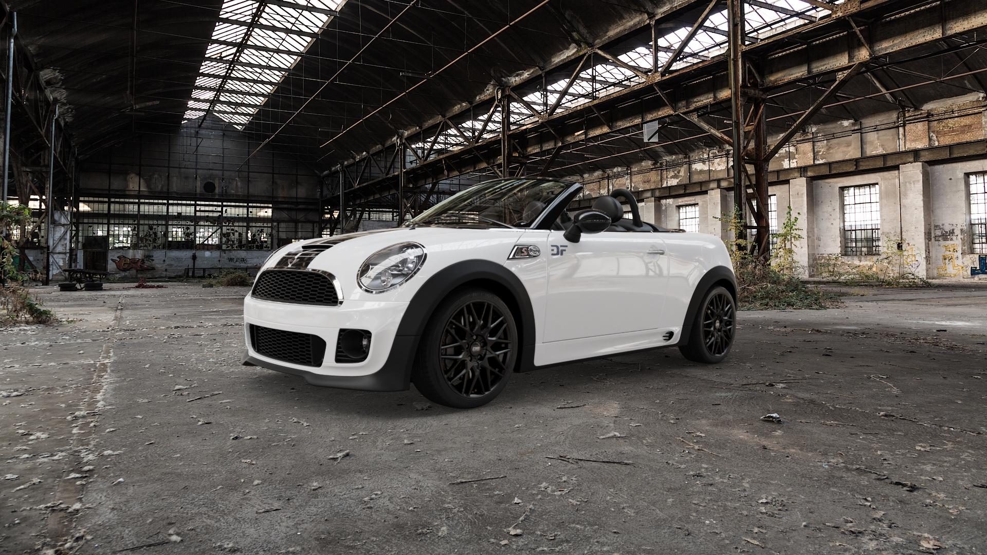 CMS C25 Matt Black Felge mit Reifen schwarz in 17Zoll Winterfelge Alufelge auf weissem Mini R59 Typ UKL-C (Roadster) ⬇️ mit 15mm Tieferlegung ⬇️ Old Industrial Hall_max5000mm_2022 Frontansicht_1