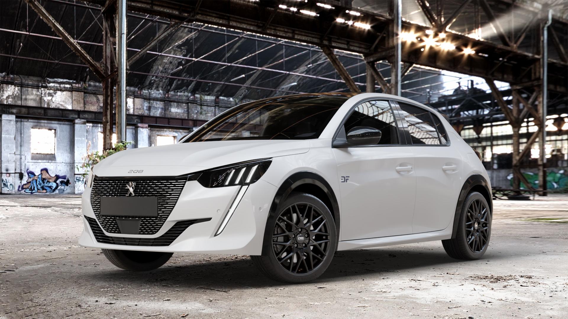 CMS C25 Matt Black Felge mit Reifen schwarz in 17Zoll Winterfelge Alufelge auf weissem Peugeot 208 Typ U ⬇️ mit 15mm Tieferlegung ⬇️ Old Industrial Hall_max_4400mm_2024 Frontansicht_1