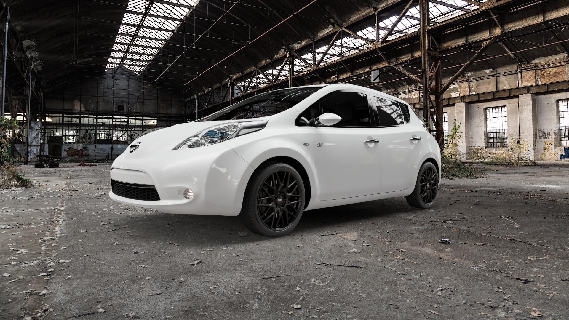 CMS C25 Matt Black Felge mit Reifen schwarz in 18Zoll Winterfelge Alufelge auf weissem Nissan Leaf Typ ZE0 ⬇️ mit 15mm Tieferlegung ⬇️ Old Industrial Hall_max5000mm_2022 Frontansicht_1