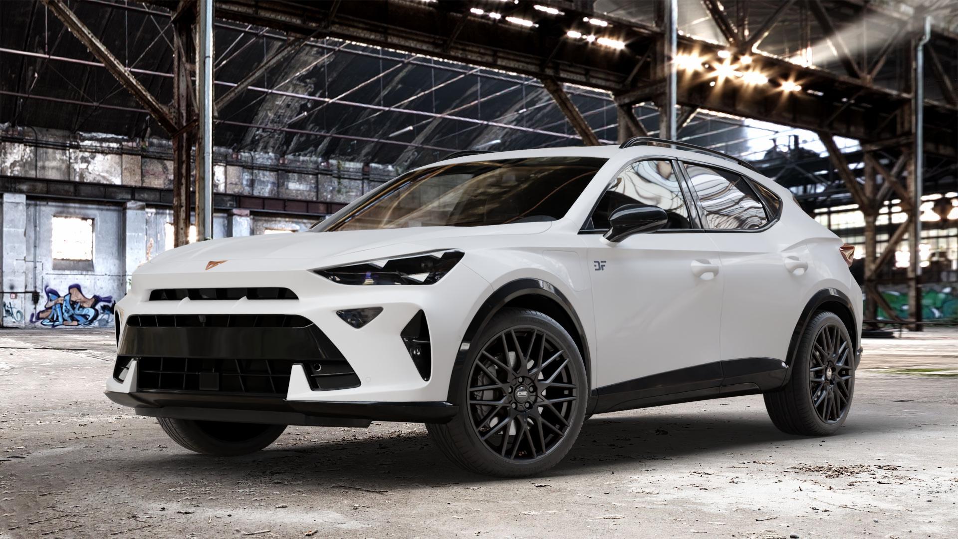 CMS C25 Matt Black Felge mit Reifen schwarz in 19Zoll Winterfelge Alufelge auf weissem Cupra Formentor Typ KM Facelift ⬇️ mit 15mm Tieferlegung ⬇️ Old Industrial Hall_max_4400mm_2024 Frontansicht_1