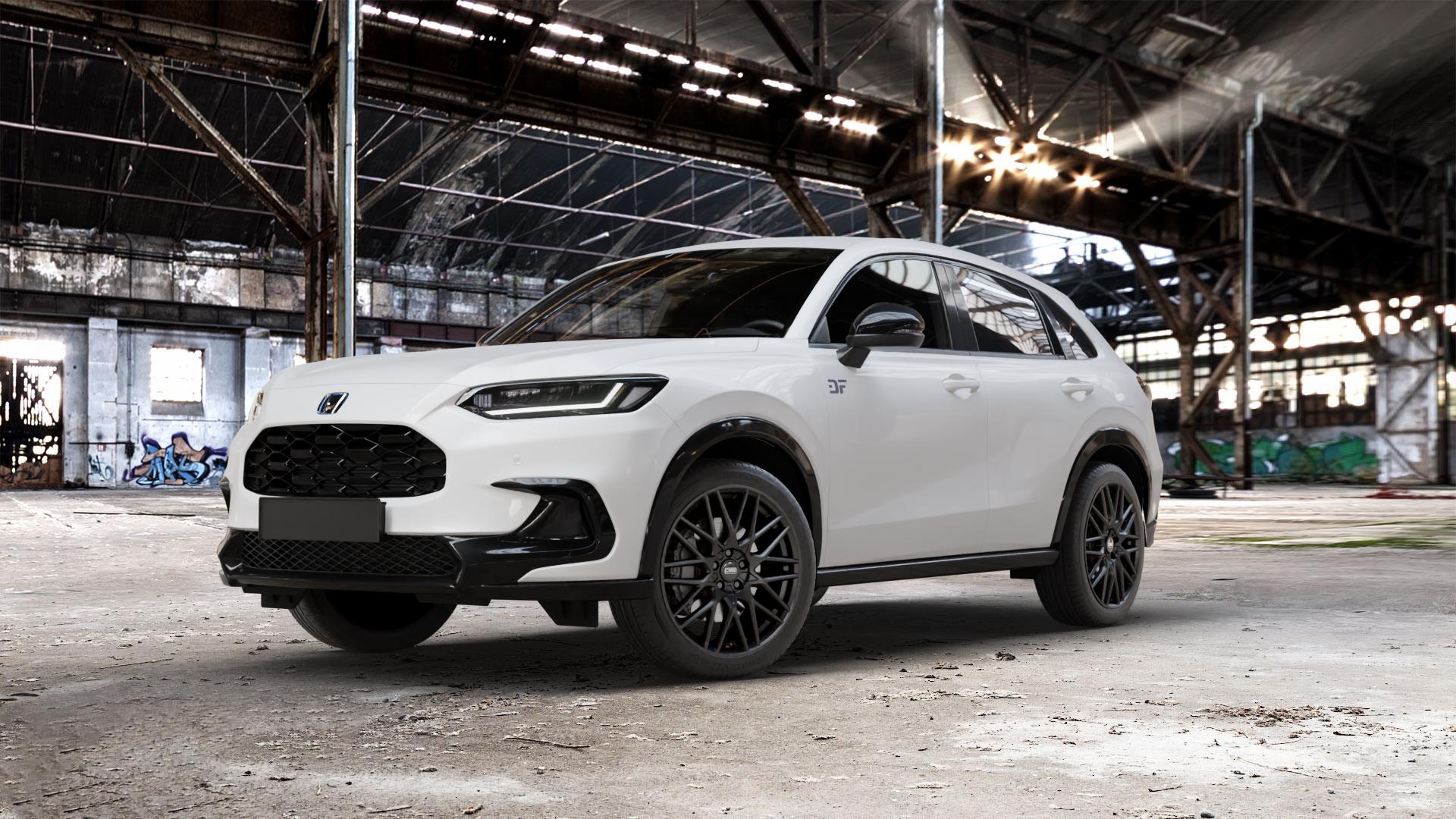 CMS C25 Matt Black Felge mit Reifen schwarz in 19Zoll Winterfelge Alufelge auf weissem Honda ZR-V Typ RZ ⬇️ mit 15mm Tieferlegung ⬇️ Old Industrial Hall_max_5300mm_2024 Frontansicht_1