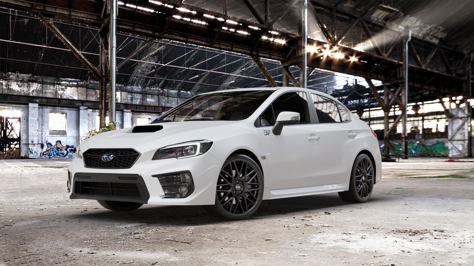 CMS C25 Matt Black Felge mit Reifen schwarz in 19Zoll Winterfelge Alufelge auf weissem Subaru WRX Typ V1 Model 2018 ⬇️ mit 15mm Tieferlegung ⬇️ Old Industrial Hall_max_5300mm_2024 Frontansicht_1