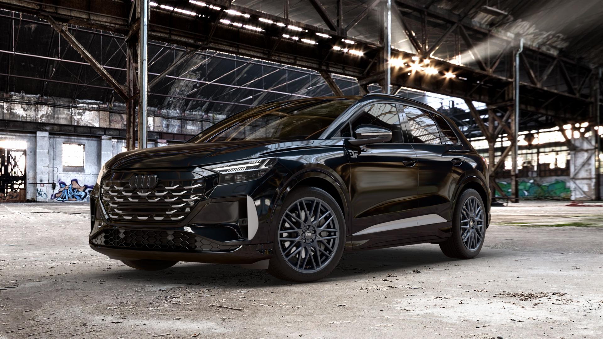 CMS C25 Matt Black Felge mit Reifen schwarz in 20Zoll Winterfelge Alufelge auf metallic schwarzem Audi Q4 e-tron Facelift Typ FZ ⬇️ mit 15mm Tieferlegung ⬇️ Old Industrial Hall_max_5300mm_2024 Frontansicht_1