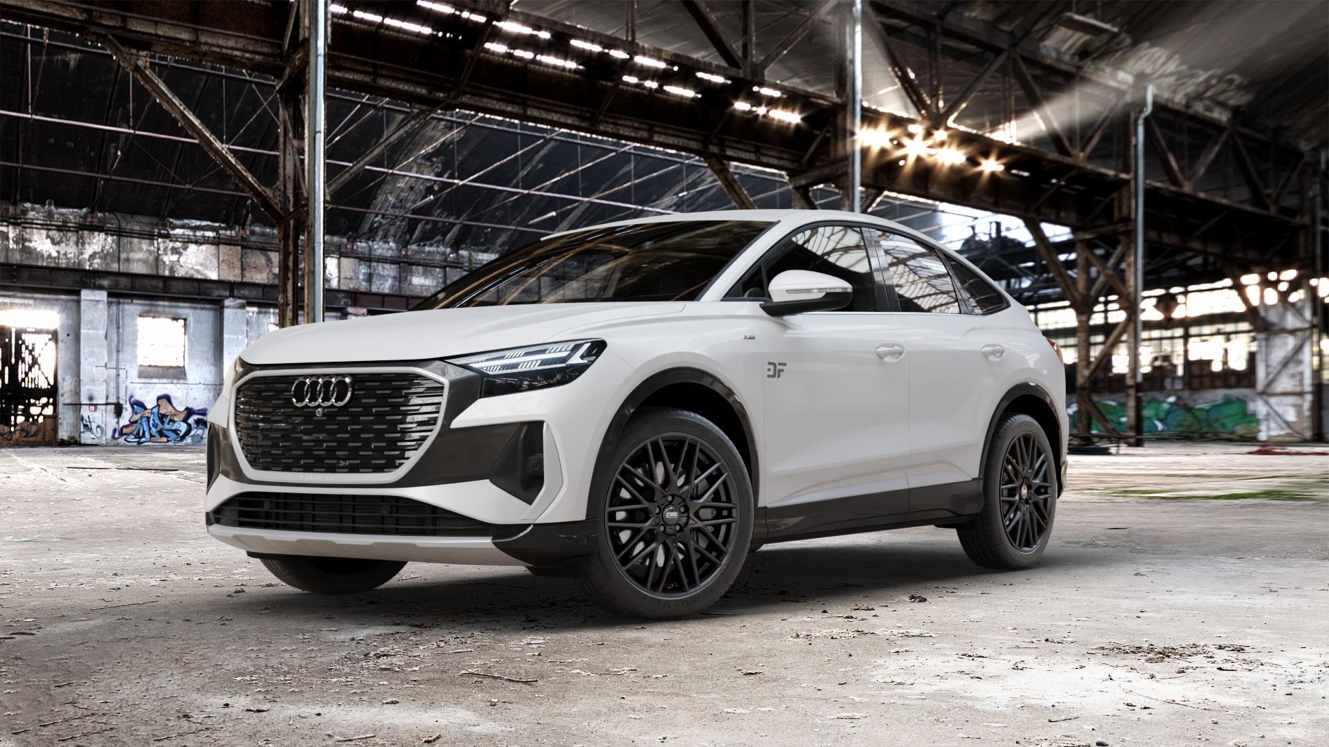 CMS C25 Matt Black Felge mit Reifen schwarz in 20Zoll Winterfelge Alufelge auf weissem Audi Q4 Sportback Typ FZ e-tron ⬇️ mit 15mm Tieferlegung ⬇️ Old Industrial Hall_max_5300mm_2024 Frontansicht_1