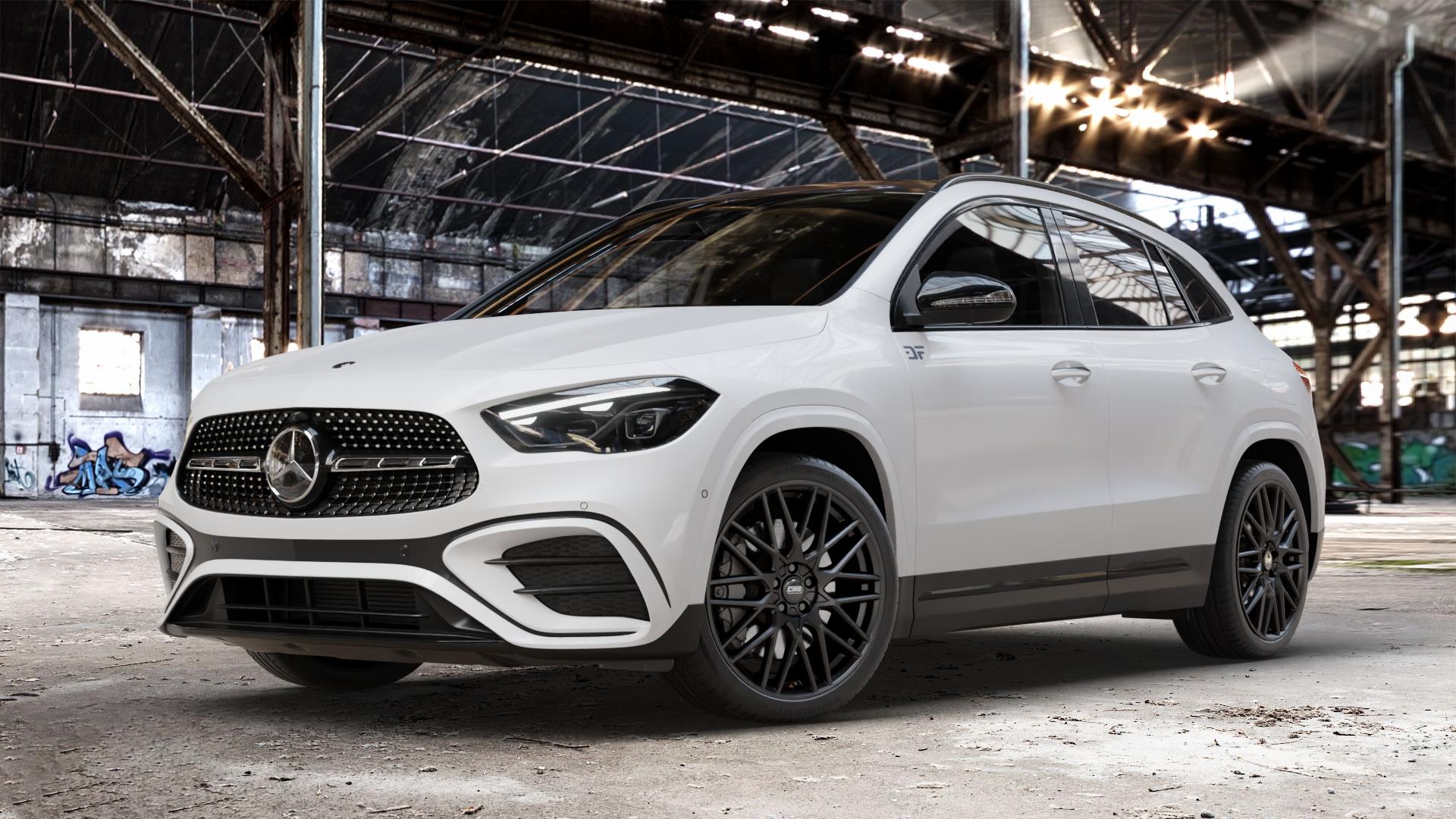 CMS C25 Matt Black Felge mit Reifen schwarz in 20Zoll Winterfelge Alufelge auf weissem Mercedes GLA-Klasse Typ F2B Facelift ⬇️ mit 15mm Tieferlegung ⬇️ Old Industrial Hall_max_4400mm_2024 Frontansicht_1