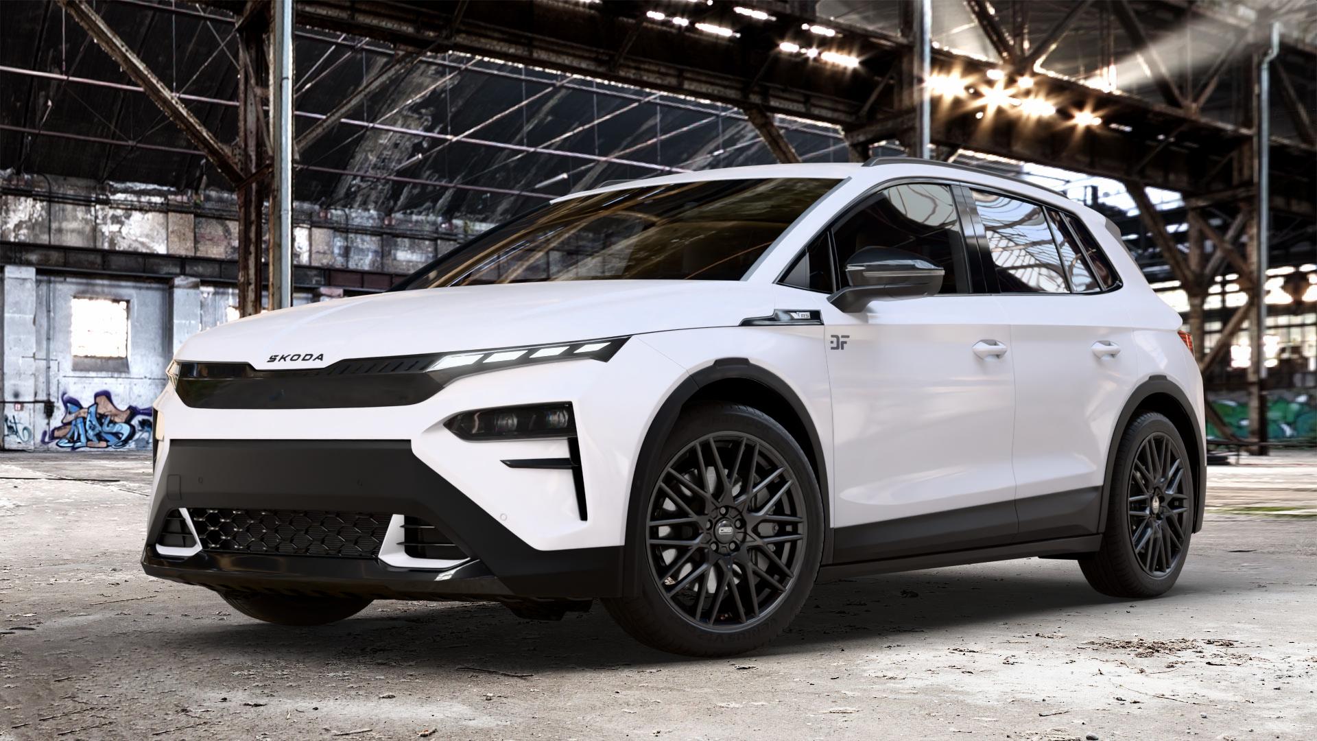 CMS C25 Matt Black Felge mit Reifen schwarz in 20Zoll Winterfelge Alufelge auf weissem Skoda Elroq Typ NY 0,0l 77kW RS (105 PS) ⬇️ mit 15mm Tieferlegung ⬇️ Old Industrial Hall_max_4400mm_2024 Frontansicht_1