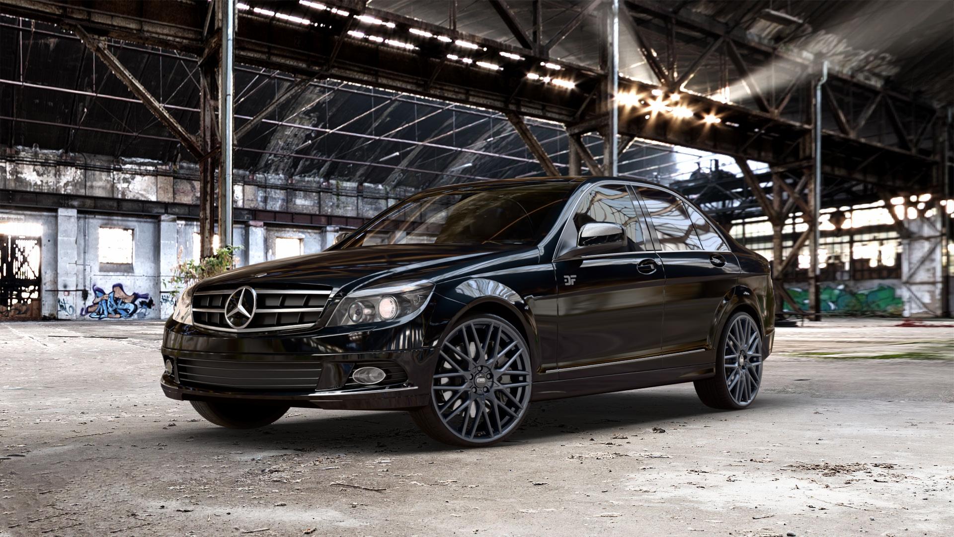 CMS C25 Matt Black Felge mit Reifen schwarz in 21Zoll Winterfelge Alufelge auf schwarzem metallic Mercedes C-Klasse Typ W204 Limousine ⬇️ mit 15mm Tieferlegung ⬇️ Old Industrial Hall_max_5300mm_2024 Frontansicht_1