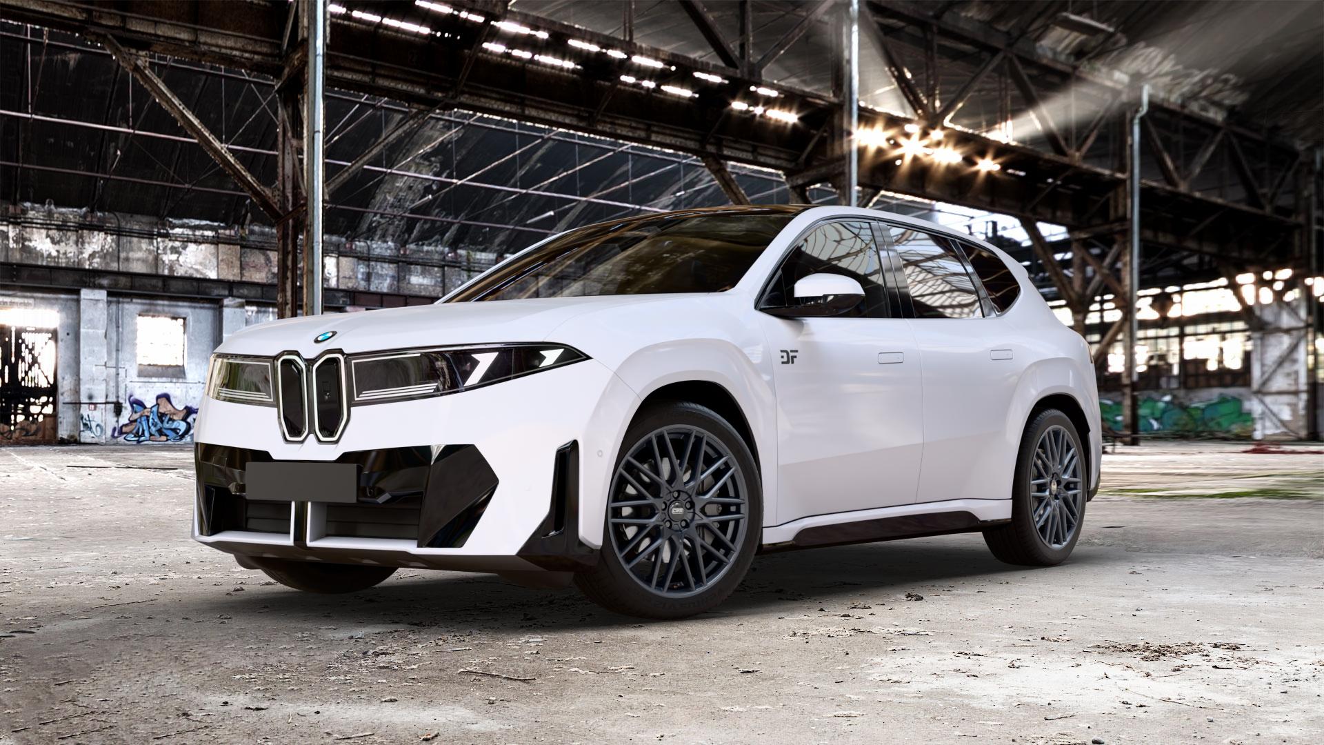 CMS C25 Matt Black Felge mit Reifen schwarz in 21Zoll Winterfelge Alufelge auf Weiss Uni BMW iX3 (N-XA) ⬇️ mit 15mm Tieferlegung ⬇️ Old Industrial Hall_max_5300mm_2024 Frontansicht_1