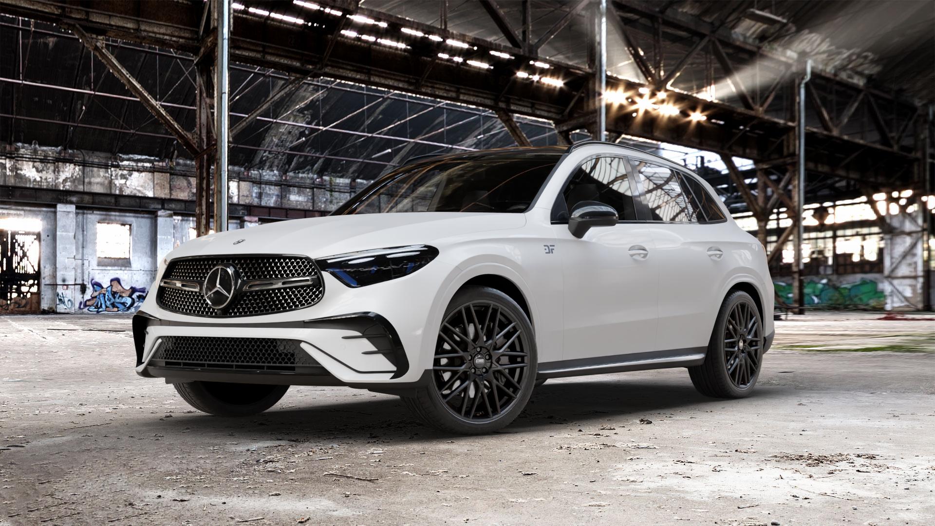 CMS C25 Matt Black Felge mit Reifen schwarz in 21Zoll Winterfelge Alufelge auf weissem Mercedes GLC-Klasse Typ X254 ⬇️ mit 15mm Tieferlegung ⬇️ Old Industrial Hall_max_5300mm_2024 Frontansicht_1