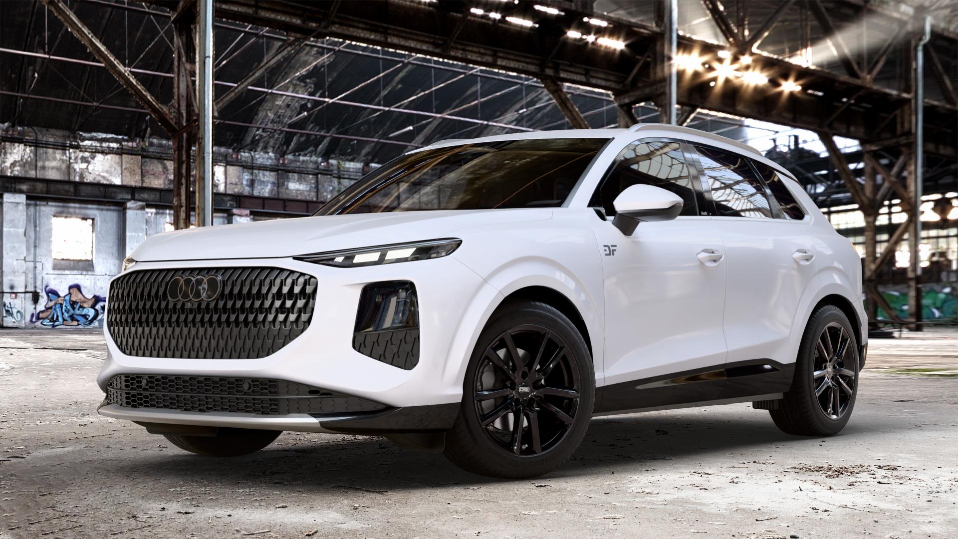 CMS C27 Complete Black Gloss Felge mit Reifen schwarz in 18Zoll Winterfelge Alufelge auf weissem Audi Q3 III Typ FJ ⬇️ mit 15mm Tieferlegung ⬇️ Old Industrial Hall_max_4400mm_2024 Frontansicht_1