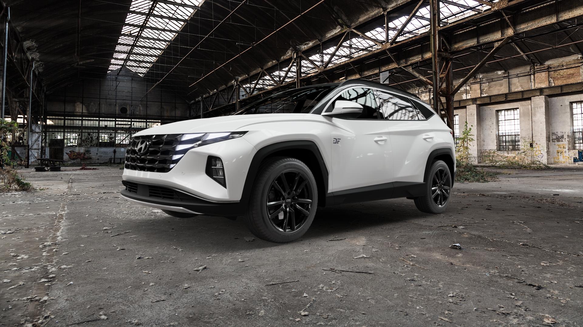 CMS C27 Complete Black Gloss Felge mit Reifen schwarz in 18Zoll Winterfelge Alufelge auf weissem Hyundai Tucson III Typ NX4e ⬇️ mit 15mm Tieferlegung ⬇️ Old Industrial Hall_max5000mm_2022 Frontansicht_1