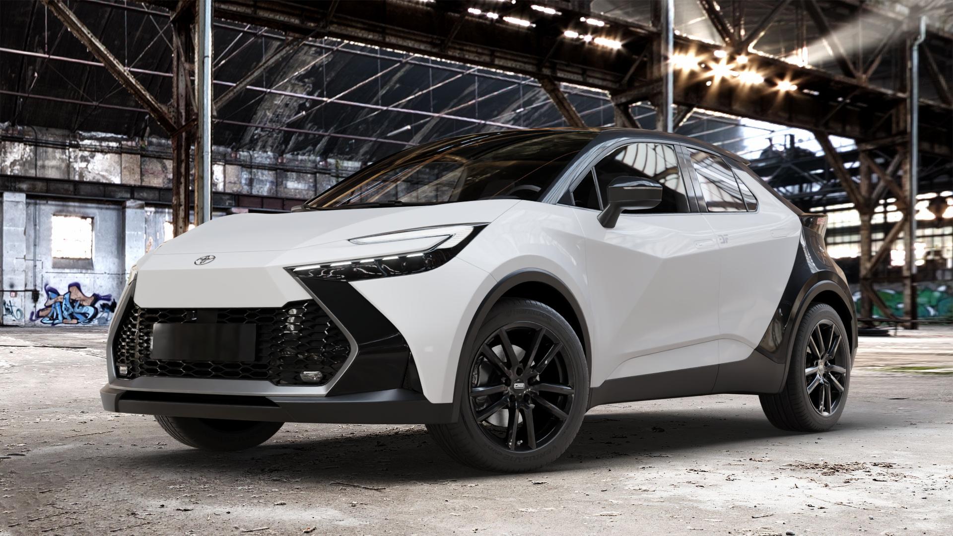 CMS C27 Complete Black Gloss Felge mit Reifen schwarz in 18Zoll Winterfelge Alufelge auf weissem Toyota C-HR Typ AX2T(M) AX2T(M)-TGRE ⬇️ mit 15mm Tieferlegung ⬇️ Old Industrial Hall_max_4400mm_2024 Frontansicht_1
