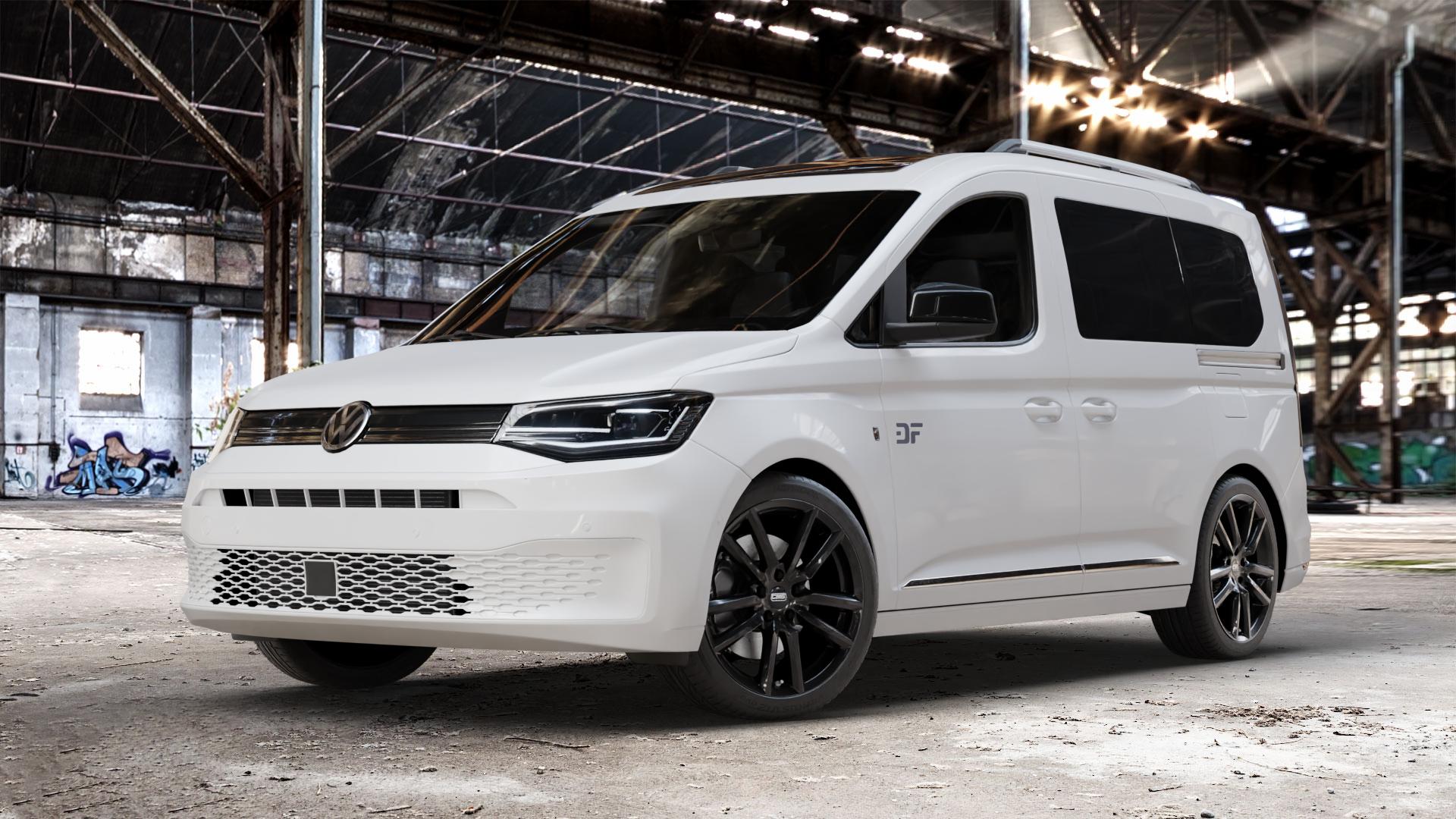 CMS C27 Complete Black Gloss Felge mit Reifen schwarz in 18Zoll Winterfelge Alufelge auf weissem Volkswagen (VW) Caddy 5 Typ SK SKN Transporter Wohnmobil ⬇️ mit 15mm Tieferlegung ⬇️ Old Industrial Hall_max_4400mm_2024 Frontansicht_1