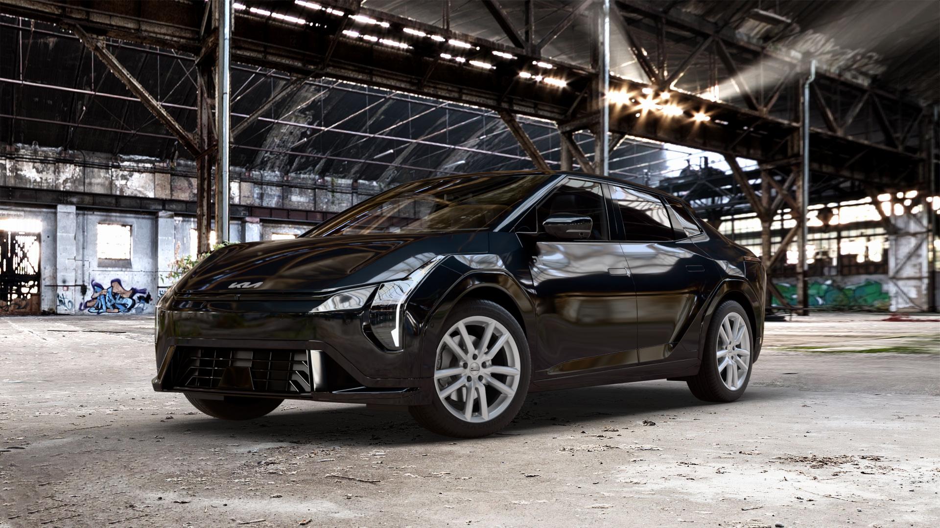CMS C27 Racing Silver Felge mit Reifen silber in 18Zoll Winterfelge Alufelge auf schwarzem Kia EV4 Fastback Typ CT1 0,0l 50kW (68 PS) ⬇️ mit 15mm Tieferlegung ⬇️ Old Industrial Hall_max_5300mm_2024 Frontansicht_1