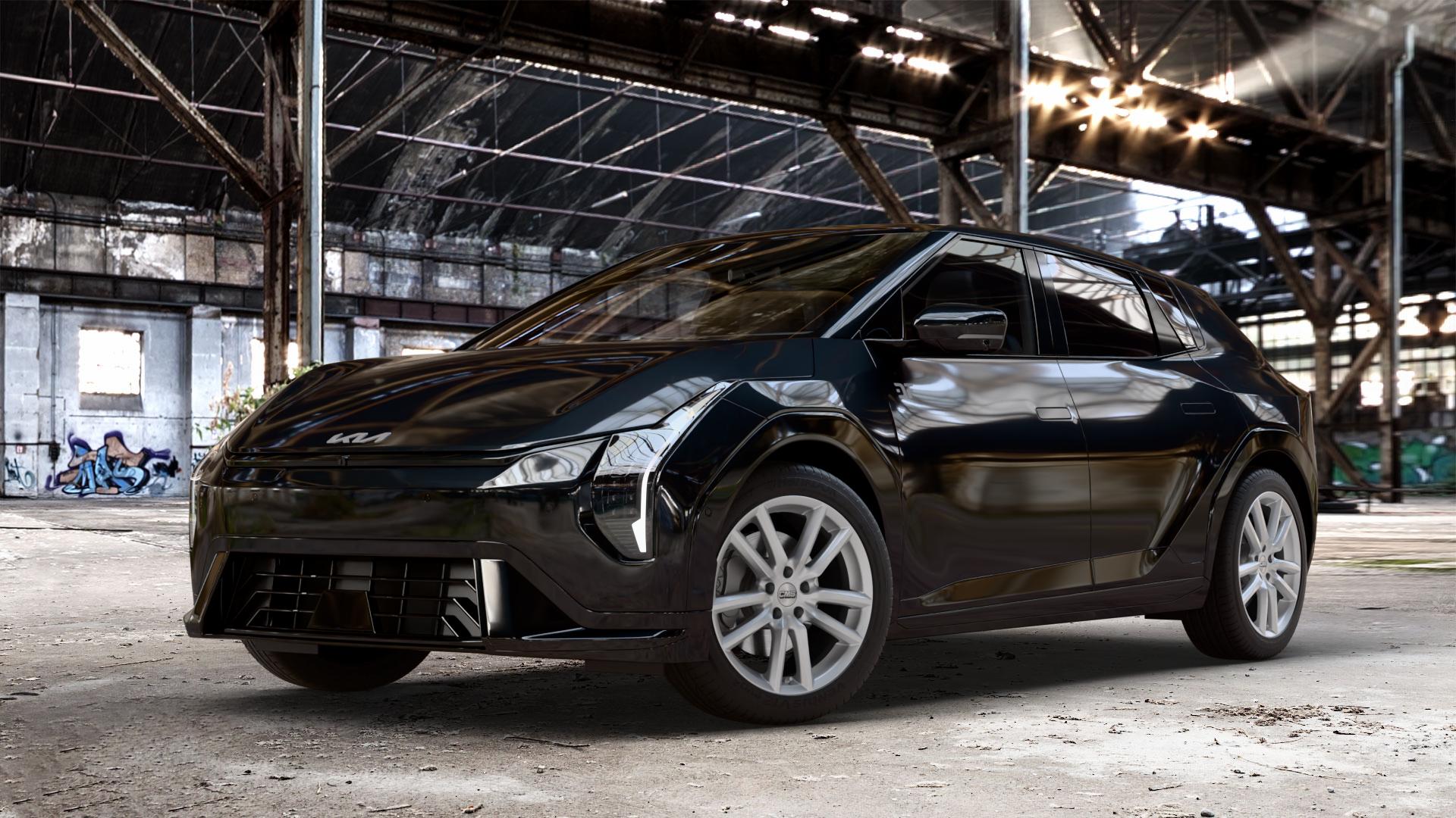 CMS C27 Racing Silver Felge mit Reifen silber in 18Zoll Winterfelge Alufelge auf schwarzem Kia EV4 Typ SZ1E 0,0l 50kW (68 PS) ⬇️ mit 15mm Tieferlegung ⬇️ Old Industrial Hall_max_4400mm_2024 Frontansicht_1