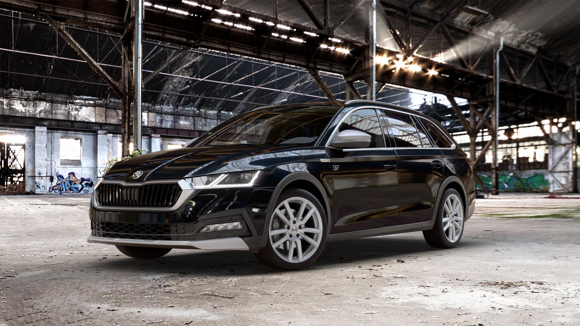 CMS C27 Racing Silver Felge mit Reifen silber in 18Zoll Winterfelge Alufelge auf schwarzem metallic Skoda Octavia IV Scout Typ NX ⬇️ mit 15mm Tieferlegung ⬇️ Old Industrial Hall_max_5300mm_2024 Frontansicht_1
