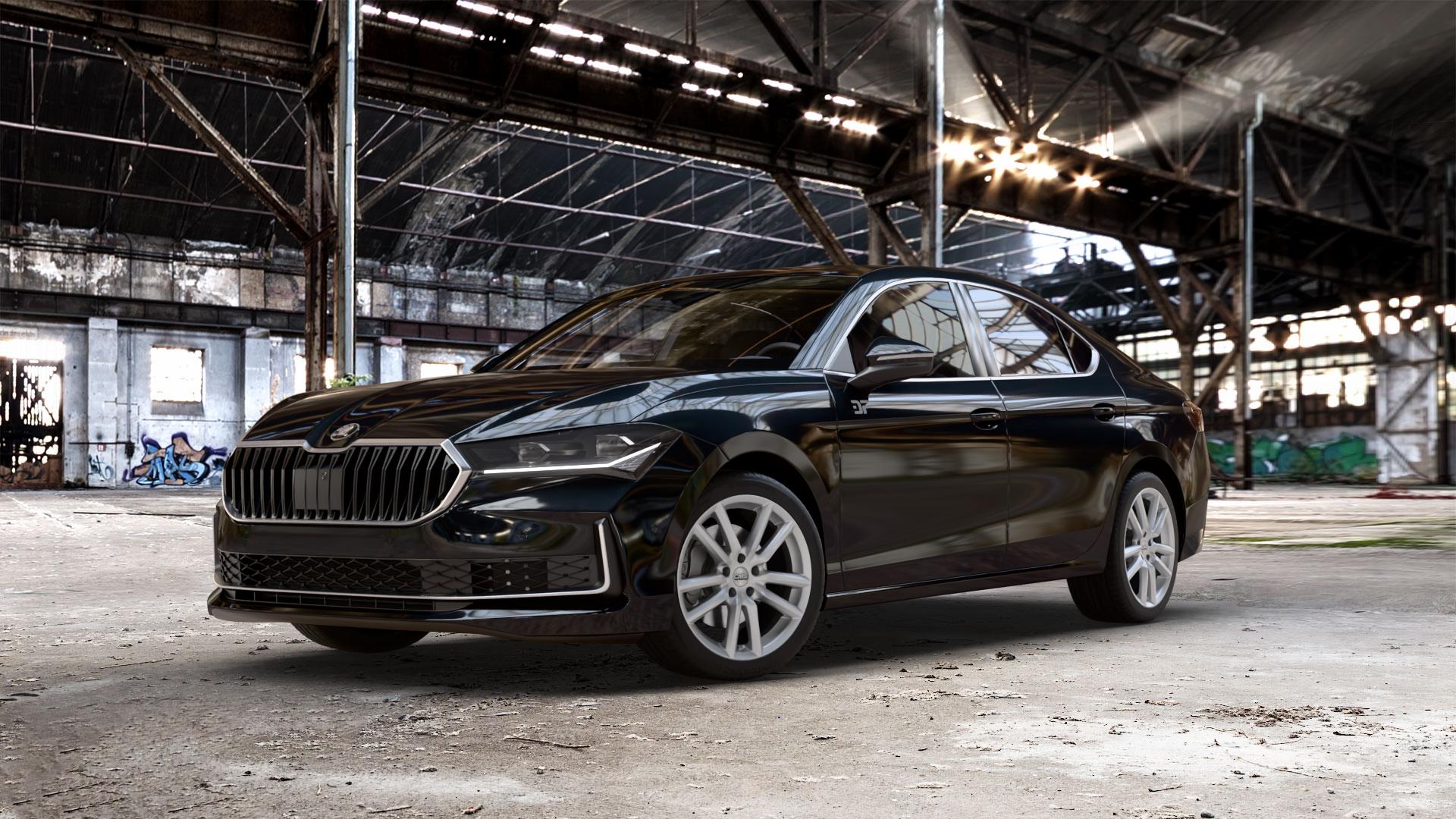 CMS C27 Racing Silver Felge mit Reifen silber in 18Zoll Winterfelge Alufelge auf schwarzem metallic Skoda Superb IV Typ NZ ⬇️ mit 15mm Tieferlegung ⬇️ Old Industrial Hall_max_5300mm_2024 Frontansicht_1
