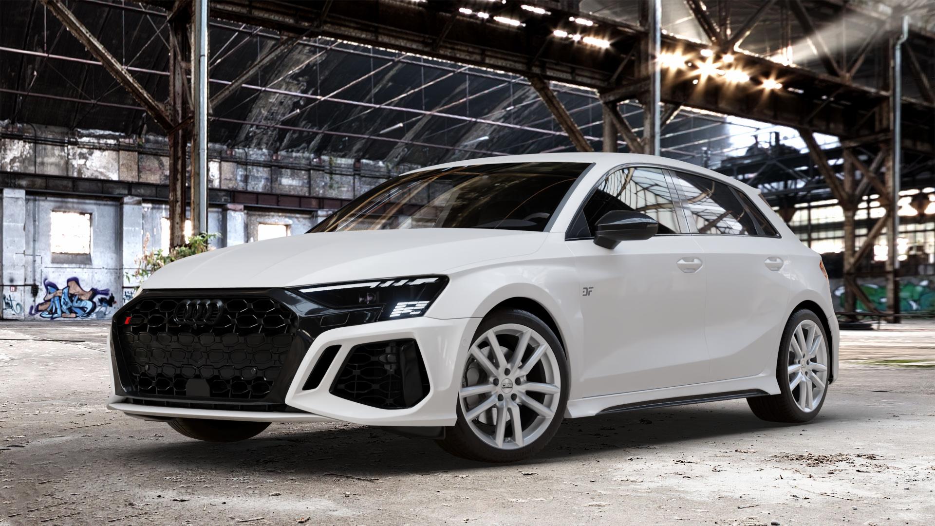 CMS C27 Racing Silver Felge mit Reifen silber in 18Zoll Winterfelge Alufelge auf weissem Audi A3 Typ GY (Sportback) 2,5l TFSI quattro 294kW RS3 (400 PS) 299kW (407 ⬇️ mit 15mm Tieferlegung ⬇️ Old Industrial Hall_max_4400mm_2024 Frontansicht_1