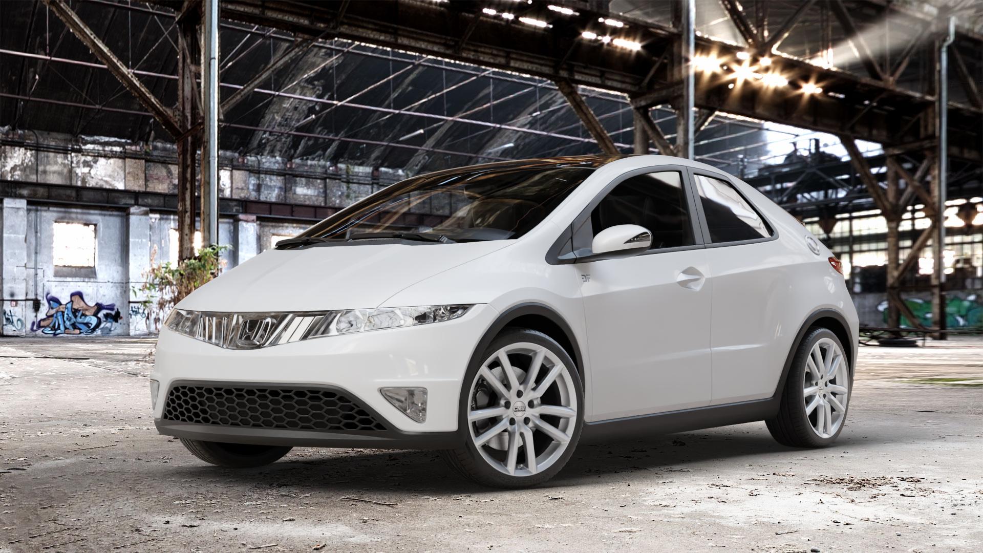 CMS C27 Racing Silver Felge mit Reifen silber in 18Zoll Winterfelge Alufelge auf weissem Honda Civic 8 Dreitürer (FN) ⬇️ mit 15mm Tieferlegung ⬇️ Old Industrial Hall_max_4400mm_2024 Frontansicht_1
