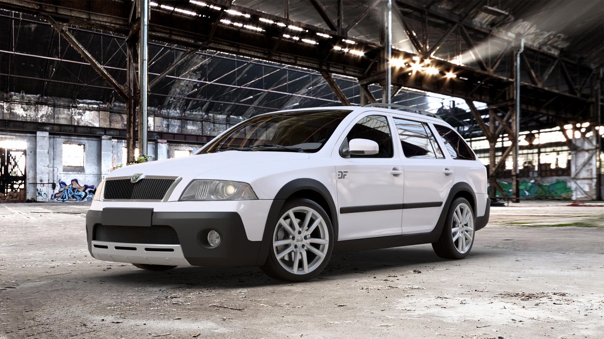 CMS C27 Racing Silver Felge mit Reifen silber in 18Zoll Winterfelge Alufelge auf weissem Skoda Octavia II Scout Typ 1Z ⬇️ mit 15mm Tieferlegung ⬇️ Old Industrial Hall_max_5300mm_2024 Frontansicht_1