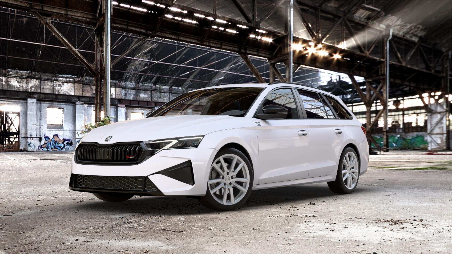 CMS C27 Racing Silver Felge mit Reifen silber in 18Zoll Winterfelge Alufelge auf weissem Skoda Octavia IV Kombi Typ NX Facelift 2,0l TSI 195kW RS (265 PS) ⬇️ mit 15mm Tieferlegung ⬇️ Old Industrial Hall_max_5300mm_2024 Frontansicht_1