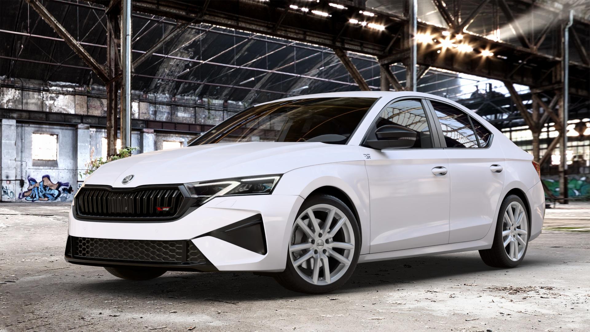 CMS C27 Racing Silver Felge mit Reifen silber in 18Zoll Winterfelge Alufelge auf weissem Skoda Octavia IV Limousine Typ NX Facelift 2,0l TSI 195kW RS (265 PS) ⬇️ mit 15mm Tieferlegung ⬇️ Old Industrial Hall_max_4400mm_2024 Frontansicht_1